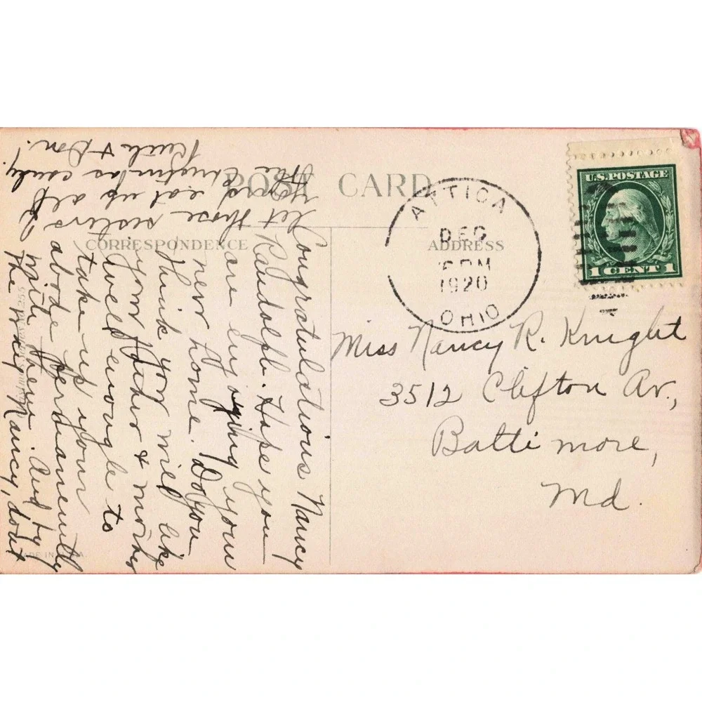 Vintage 1920 Christmas Postcard Sleeping Baby Attica Ohio 1 Cent Stamp VG